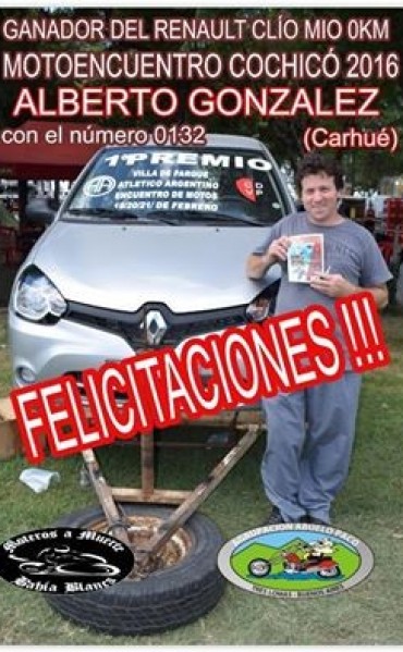 TERMINO EL MOTOENCUENTRO EN COCHICO. ALBERTO GONZALEZ DE CARHUE GANO EL AUTO 0 KM.