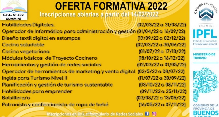 SE ABRE LA INSCRIPCIÓN PARA LA OFERTA EDUCATIVA DEL CENTRO DE FORMACIÓN LABORAL N° 402 DE GUAMINÍ
