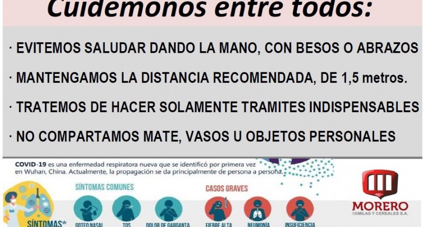 MORERO SEMILLAS Y CEREALES SE SUMA A LA CAMPAÑA DE PREVENCION POR EL CORONAVIRUS