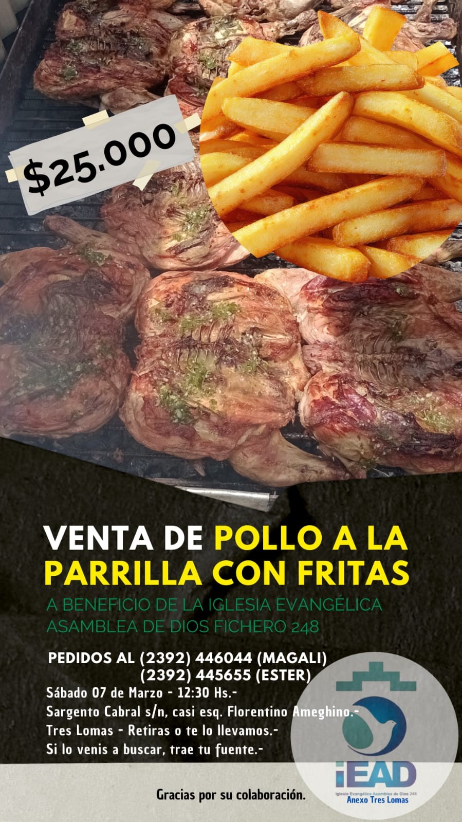 Venta de pollo a la parrilla con fritas a beneficio de la Iglesia Evangélica 