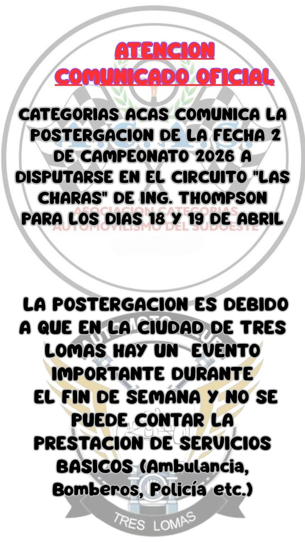 Postergan la fecha 2 del campeonato de ACAS en Ingeniero Thompson