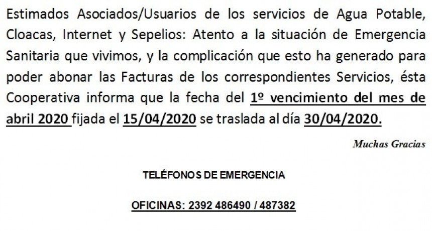 LA COOPERATIVA AMPLIO EL PLAZO DE VENCIMIENTO DE LOS SERVICIOS