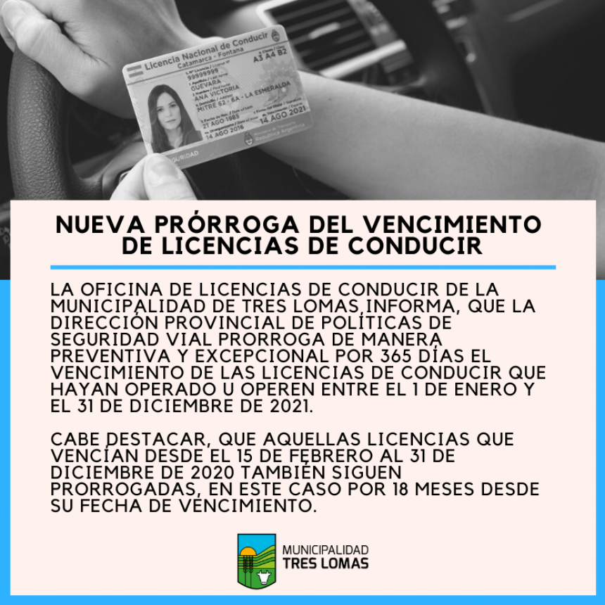 NUEVA PRÓRROGA DEL VENCIMIENTO PARA LICENCIAS DE CONDUCIR