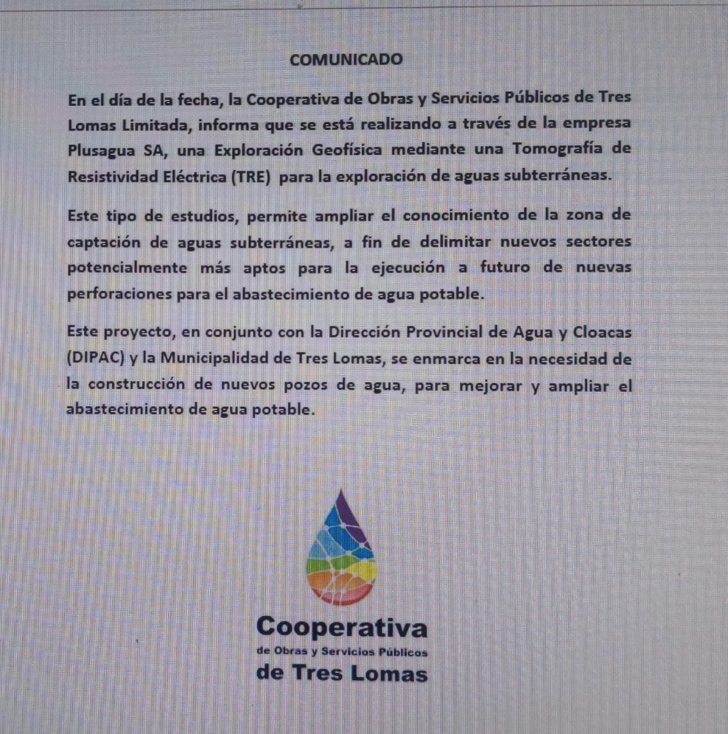 Realizan estudios para mejorar el abastecimiento de agua en Tres Lomas