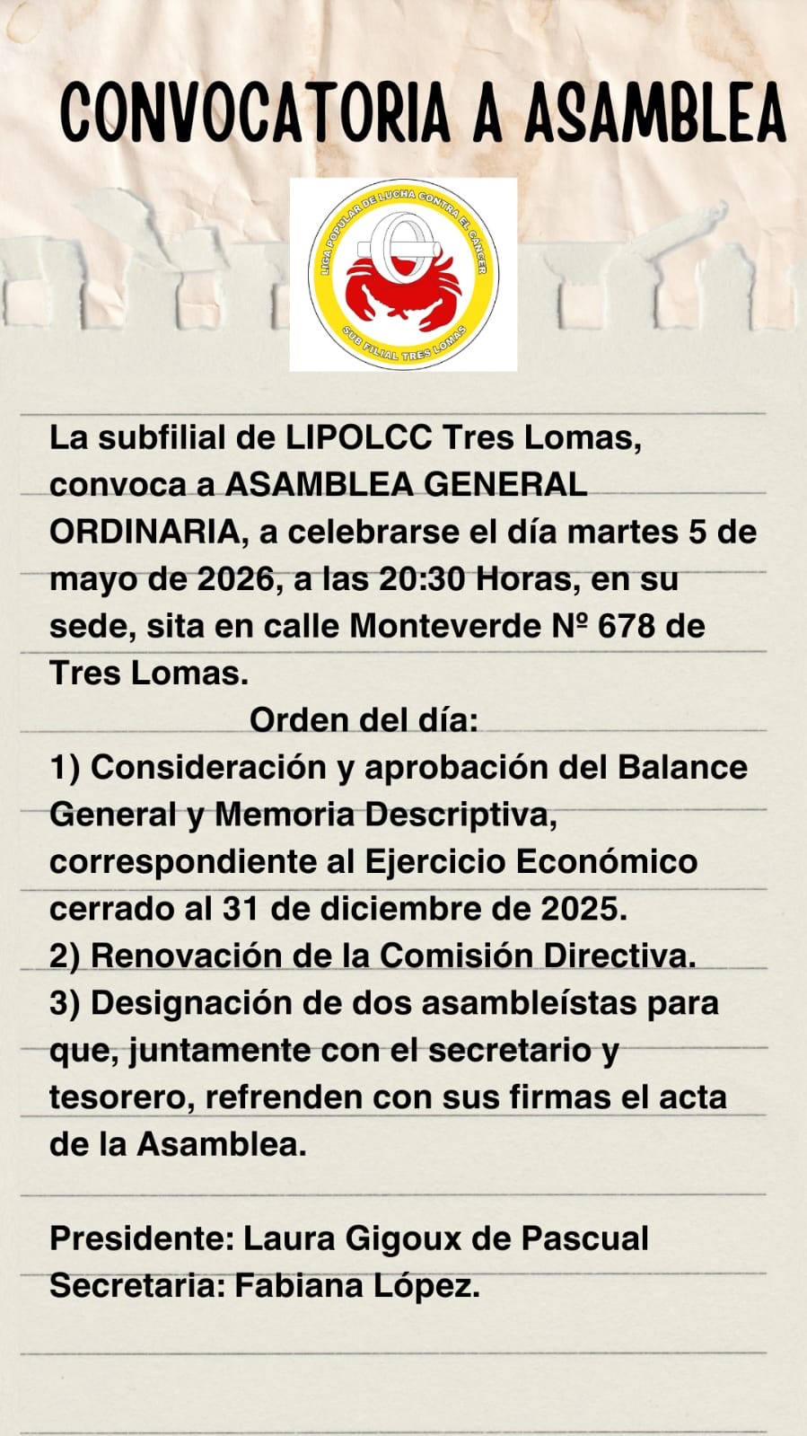LIPOLCC Tres Lomas convoca a Asamblea General Ordinaria