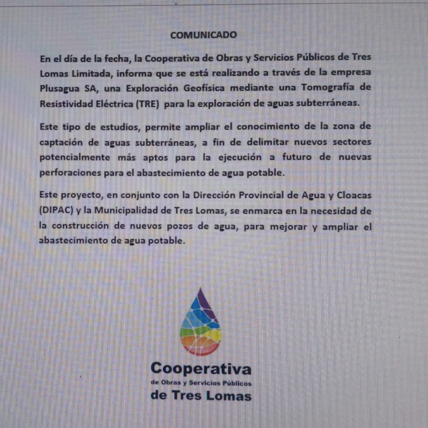 Realizan estudios para mejorar el abastecimiento de agua en Tres Lomas