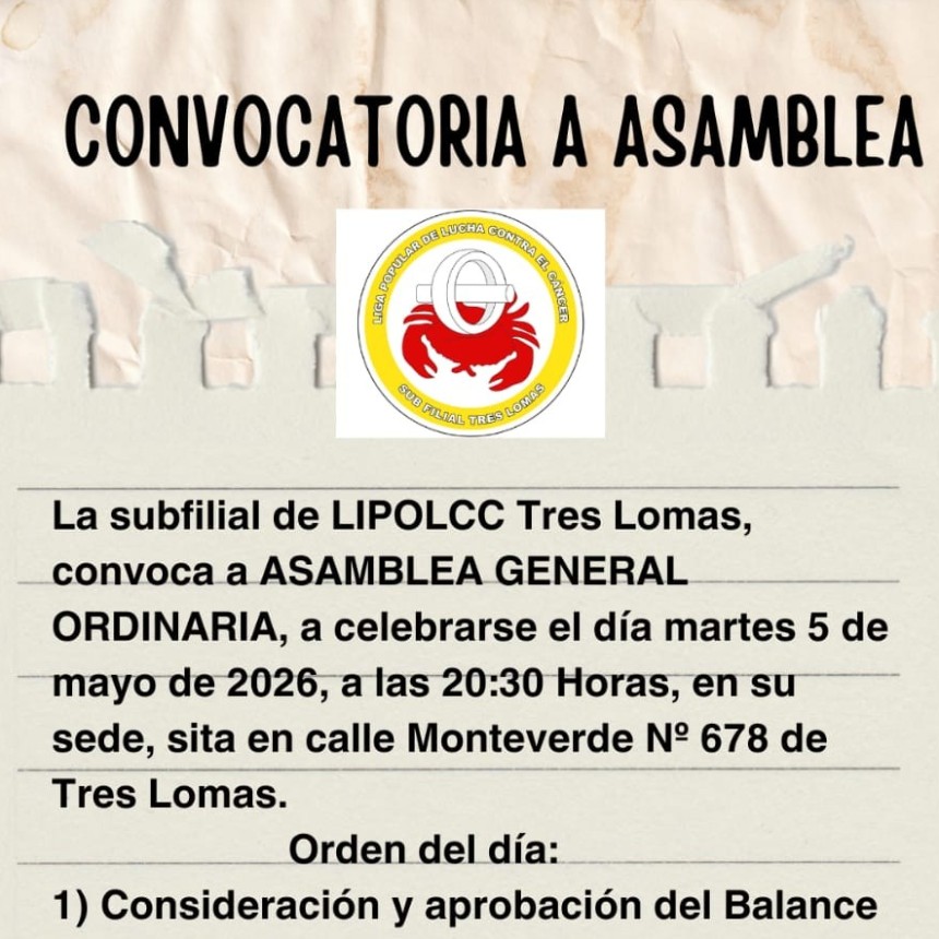 LIPOLCC Tres Lomas convoca a Asamblea General Ordinaria