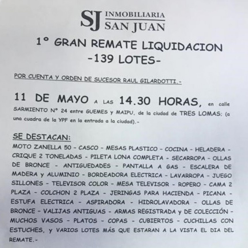 INMOBILIARIA SAN JUAN REALIZARA SU 1º GRAN REMATE LIQUIDACION EN TRES LOMAS