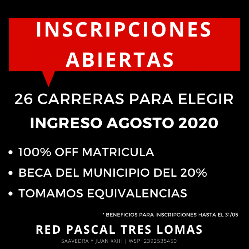 ESTUDIÁ EN TRES LOMAS; NUEVAS CARRERAS COMIENZAN EN AGOSTO