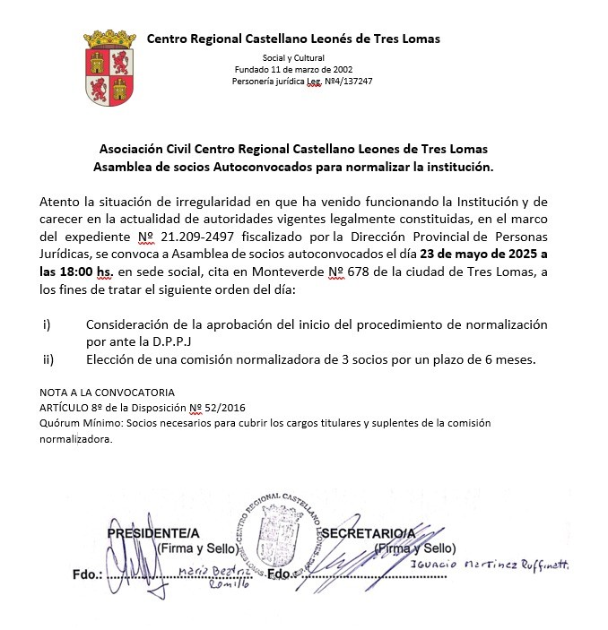 EL CENTRO CASTELLANO LEÓNES CONVOCA A UNA ASAMBLEA PARA NORMALIZAR SU SITUACIÓN INSTITUCIONAL