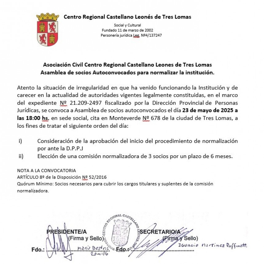 EL CENTRO CASTELLANO LEÓNES CONVOCA A UNA ASAMBLEA PARA NORMALIZAR SU SITUACIÓN INSTITUCIONAL