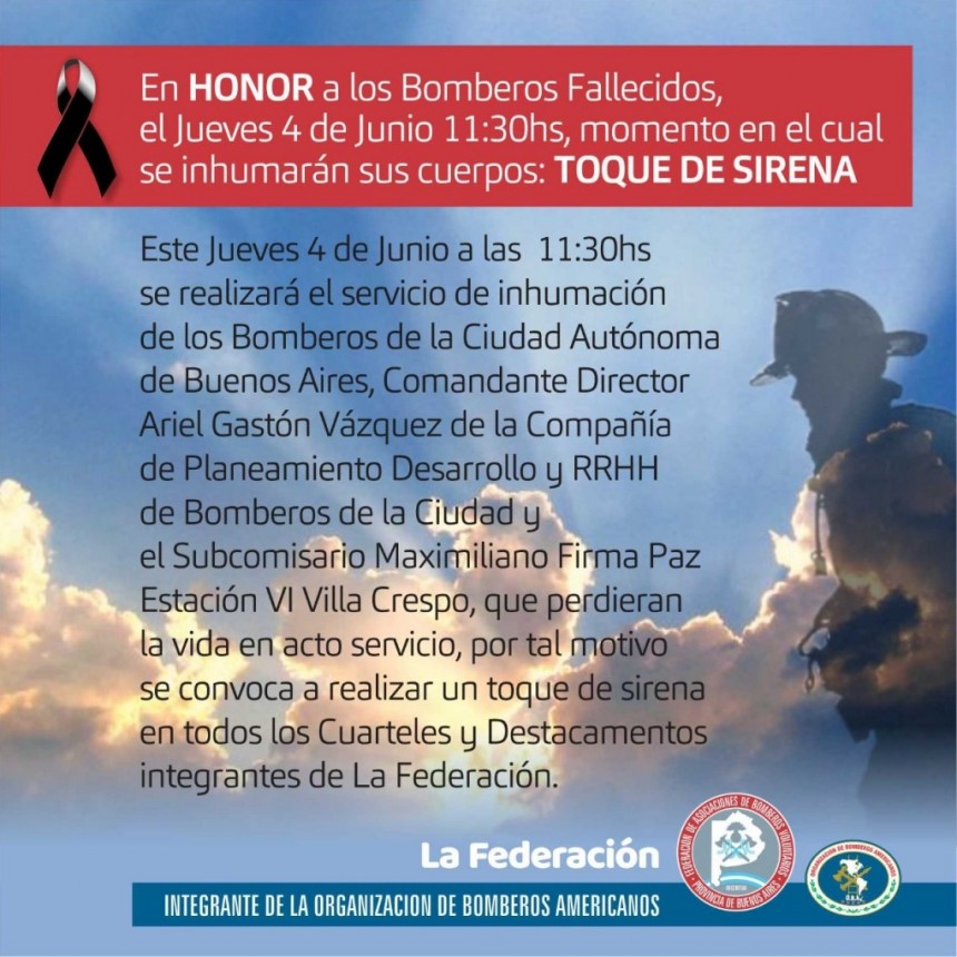 A LAS 11,30 SONARA LA SIRENA DE BOMBEROS PARA RECORDAR A LOS EFECTIVOS CAIDOS