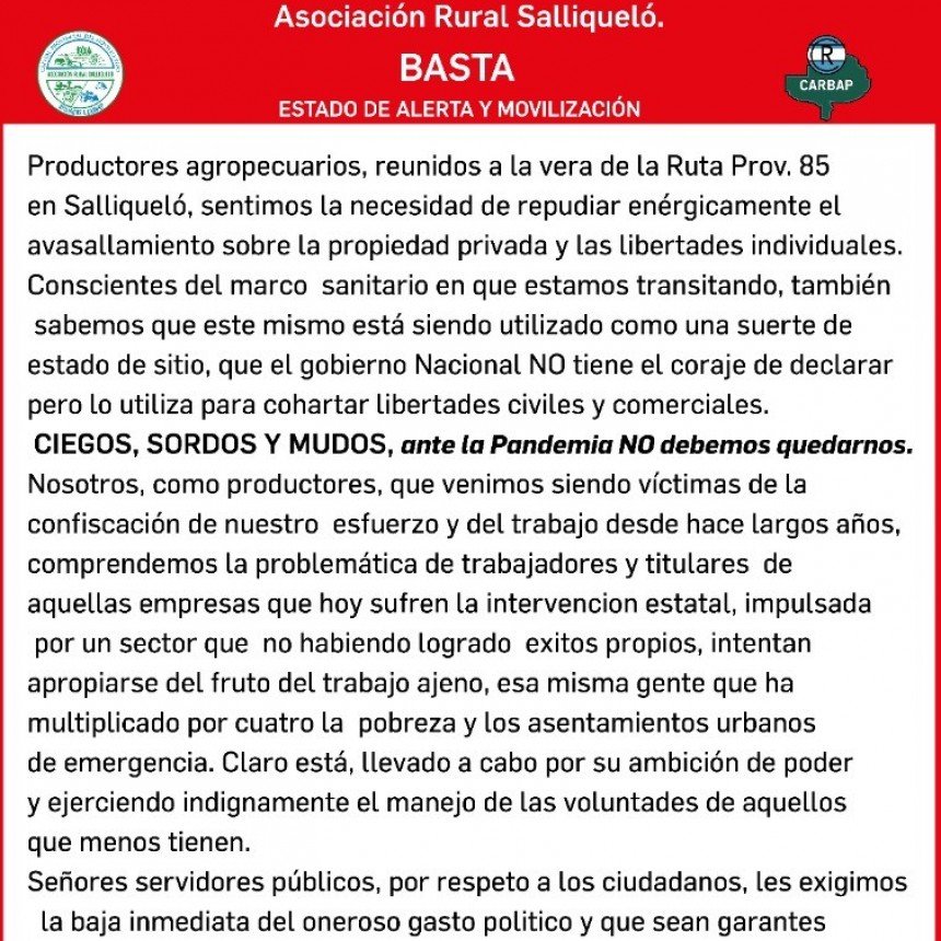 DOCUMENTO DE LA ASOCIACION RURAL SALLIQUELO POR EL CASO VICENTIN. DENUNCIA AVASALLAMIENTO DE PROPIEDAD PRIVADA Y LIBERTADES INDIVIDUALES.