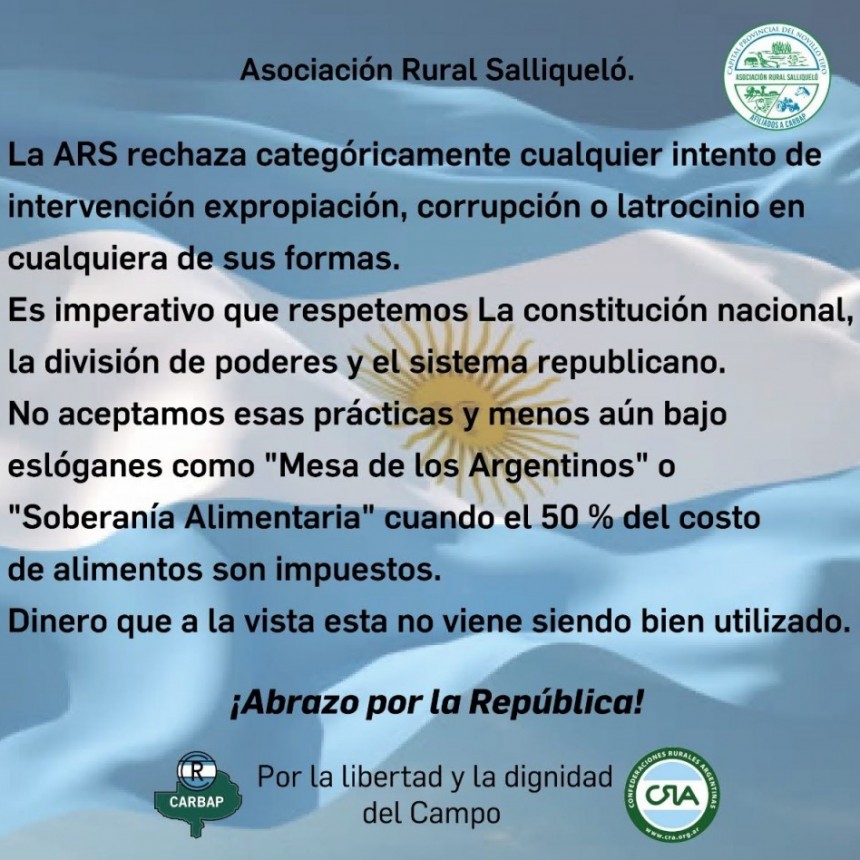 LA ASOCIACIÓN RURAL SALLIQUELO RECHAZO CATEGÓRICAMENTE CUALQUIER INTENTO DE INTERVENCIÓN O EXPROPIACIÓN