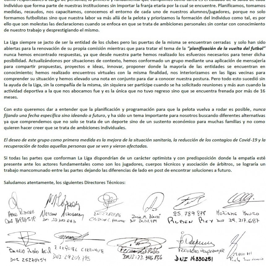 NUEVA NOTA DE LOS TECNICOS A LA LIGA CULTURAL DEPORTIVA: 