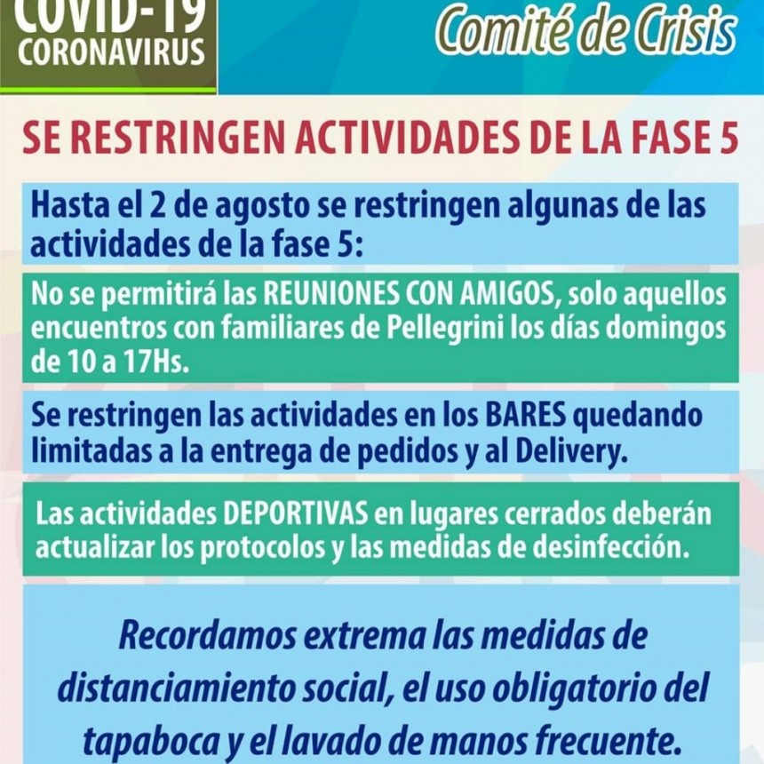 EN PELLEGRINI RESTRINGEN ACTIVIDADES DE LA FASE 5