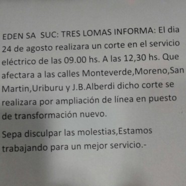 CORTE DE ENERGIA EL JUEVES 24. SERA ENTRE LAS 9 Y LAS 12,30 HORAS EN UN SECTOR DE LA CIUDAD