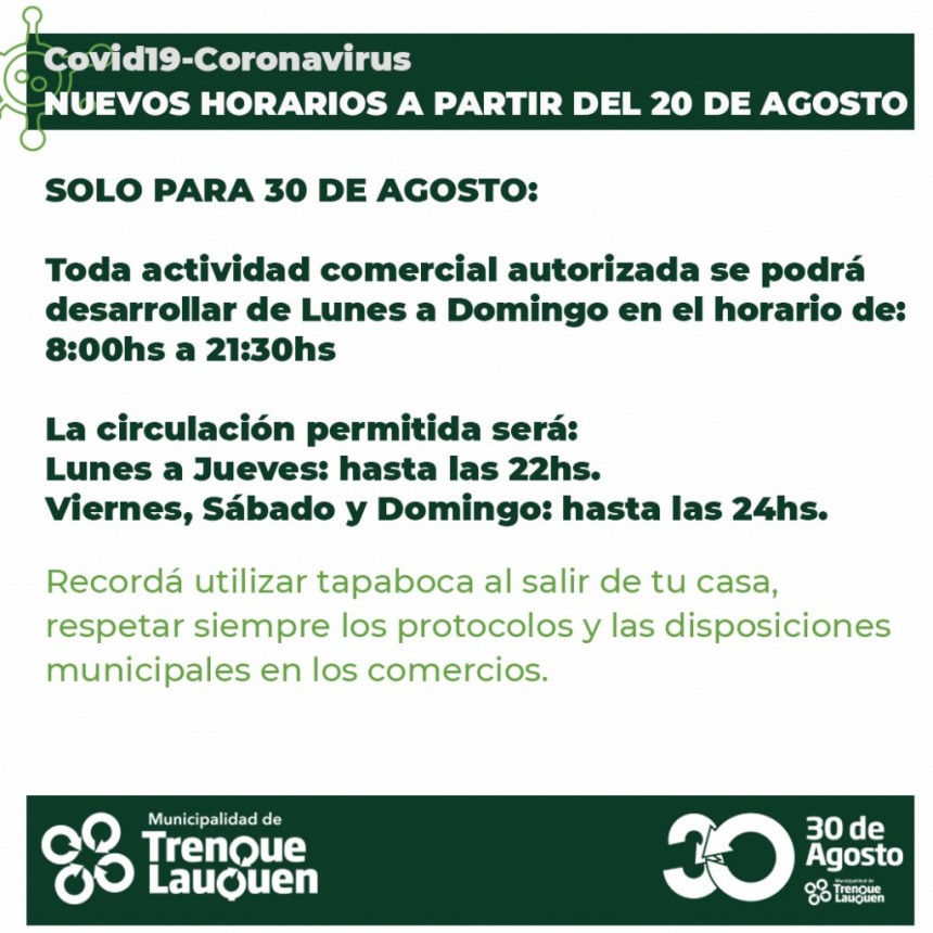 TREINTA DE AGOSTO PONE EN VIGENCIA NUEVOS HORARIOS