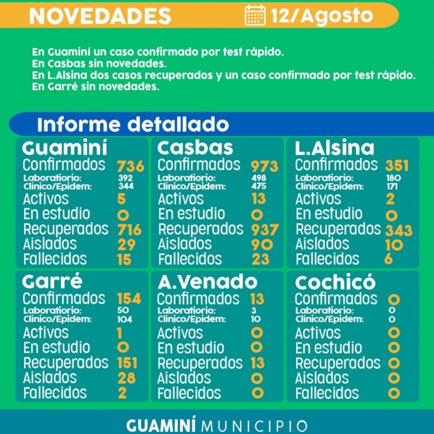 CORONAVIRUS: INFORME DIARIO DE SITUACIÓN A NIVEL LOCAL  - 12 DE AGOSTO -