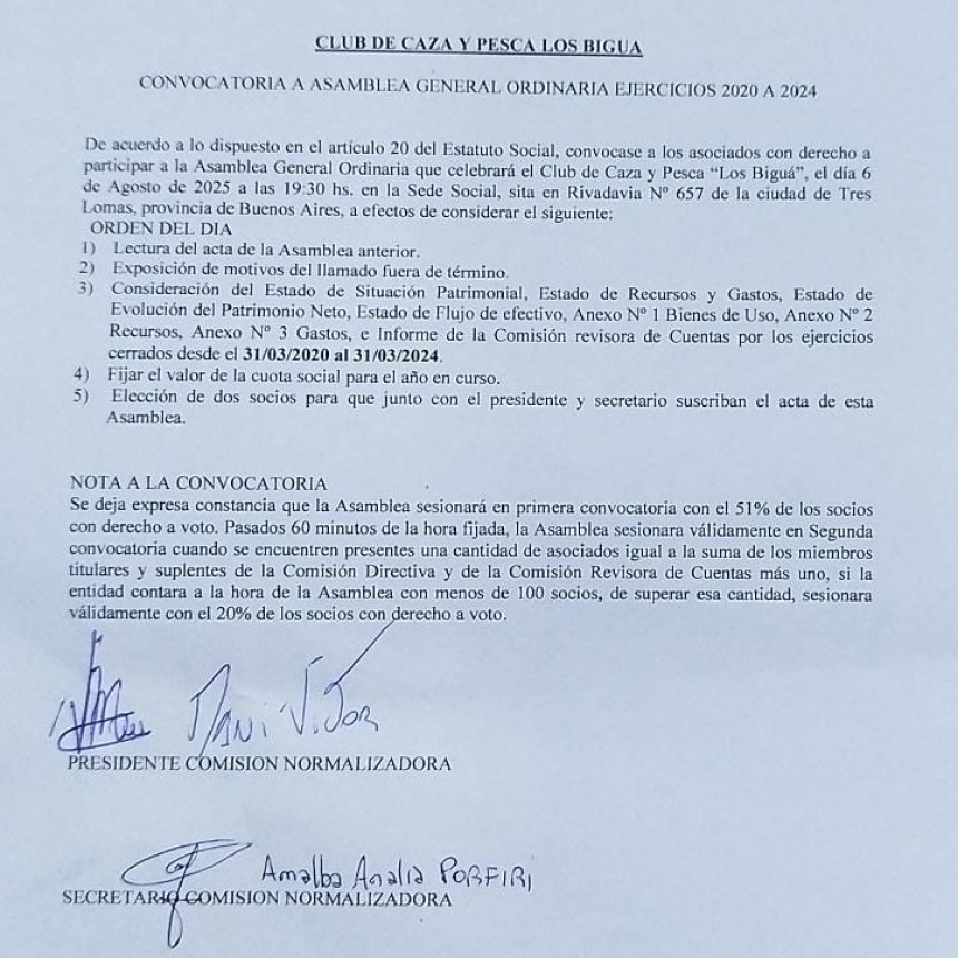 CLUB DE CAZA Y PEZCA LOS BIGUA: LLAMADO A ASAMBLEA