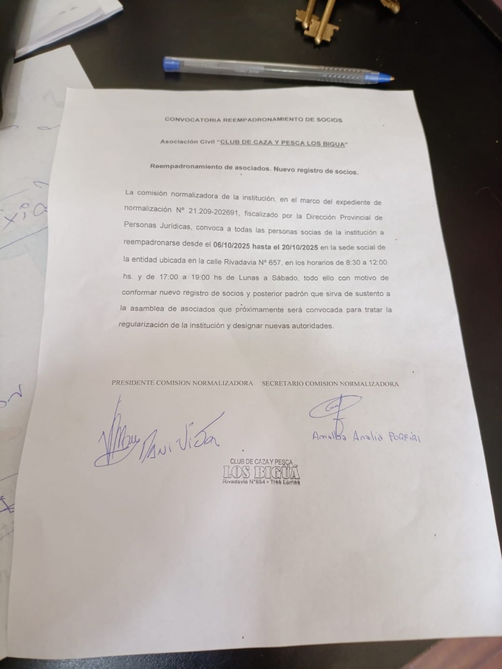 CONVOCATORIA REEMPADRONAMIENTO DE SOCIOS DEL “CLUB DE CAZA Y PESCA LOS BIGUA”