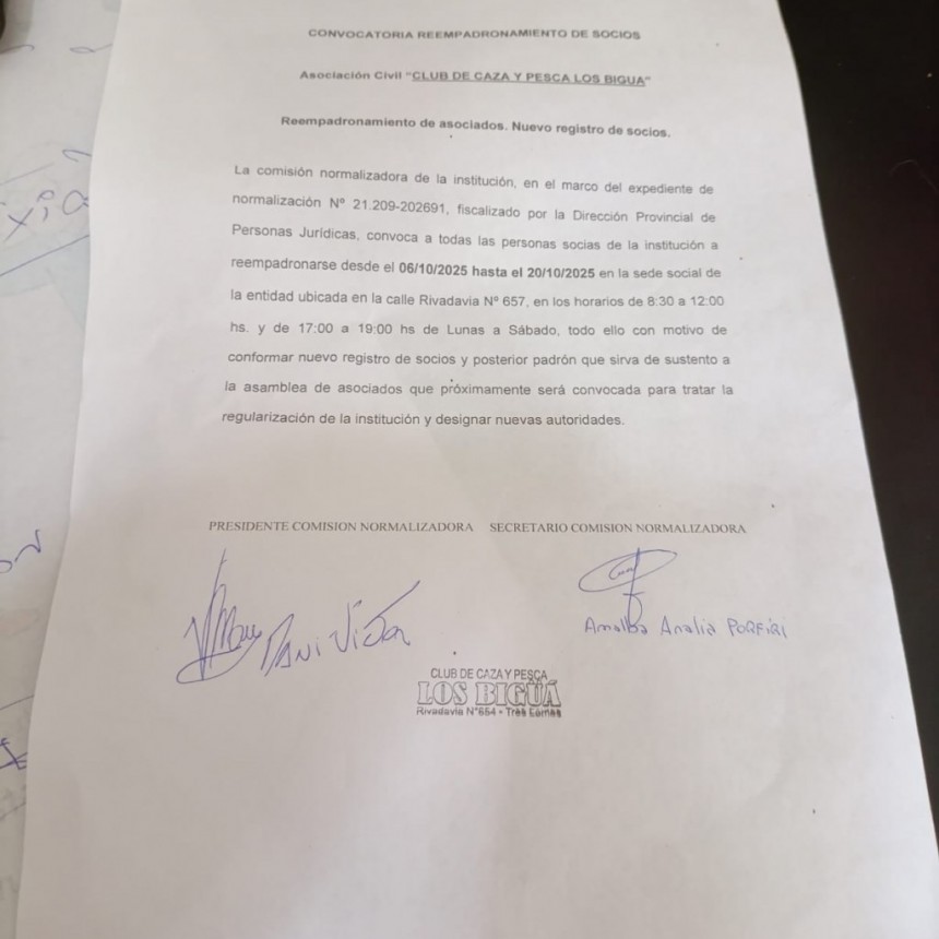 CONVOCATORIA REEMPADRONAMIENTO DE SOCIOS DEL “CLUB DE CAZA Y PESCA LOS BIGUA”