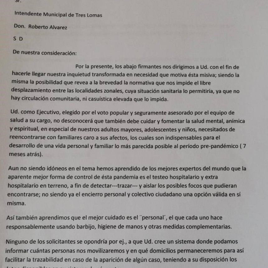 SE CREO UN MOVIMIENTO DE VECINOS AUTOCONVOCADOS POR LA UNIDAD FAMILIAR. SOLICITAN LIBRE DESPLAZAMIENTO ENTRE LOCALIDADES VECINAS.