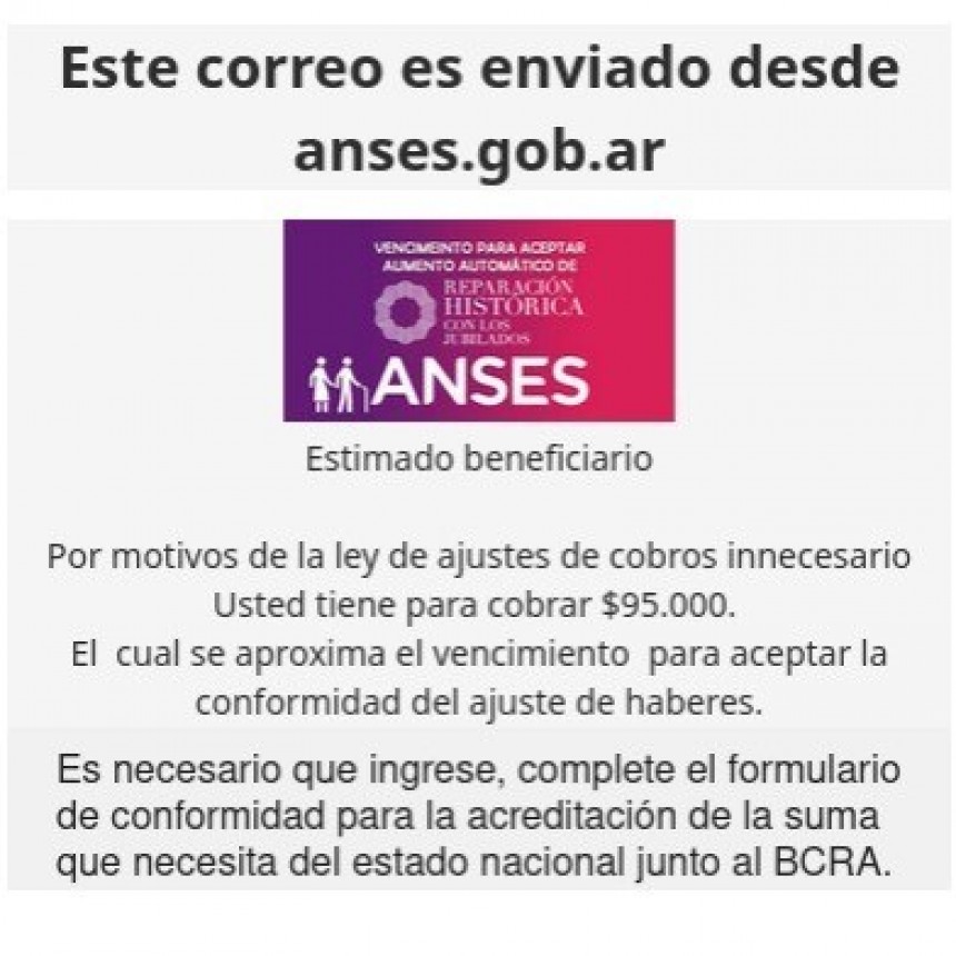 ANSES INFORMA QUE NUNCA PIDE DATOS PERSONALES POR CORREO ELECTRÓNICO
