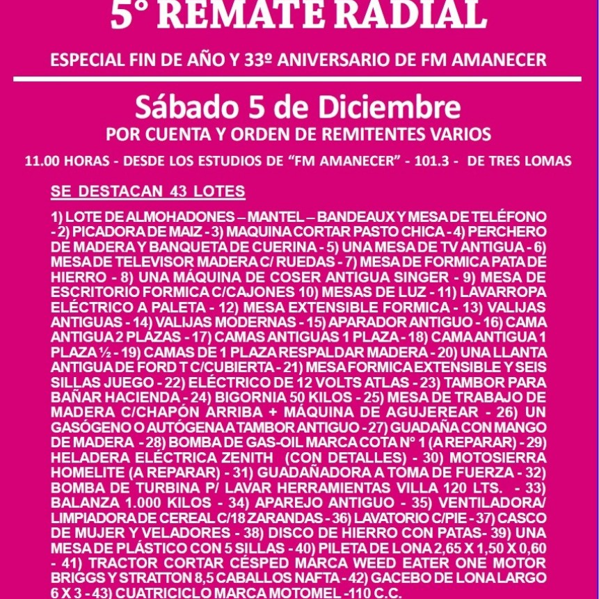5º REMATE RADIAL: EL PRÓXIMO 5 DE DICIEMBRE CON 43 LOTES