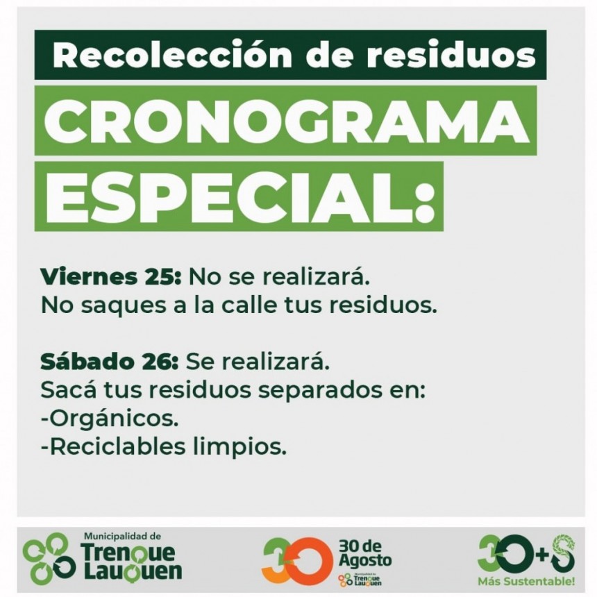 SE REPROGRAMA EL SERVICIO DE RECOLECCIÓN DOMICILIARIA DEBIDO A LOS FERIADOS QUE SE AVECINAN