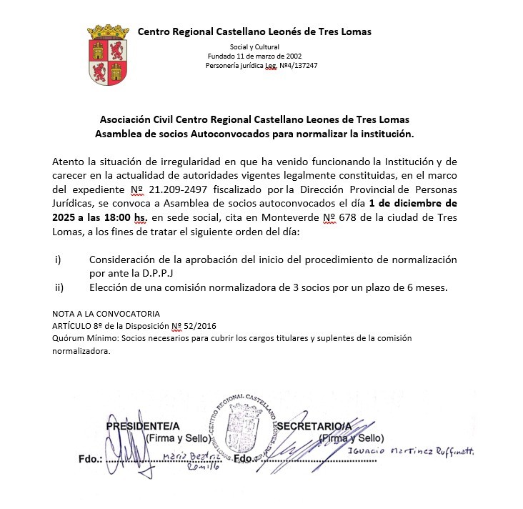 ASOCIACIÓN CIVIL CENTRO REGIONAL CASTELLANO LEONES DE TRES LOMAS: ASAMBLEA DE SOCIOS AUTOCONVOCADOS