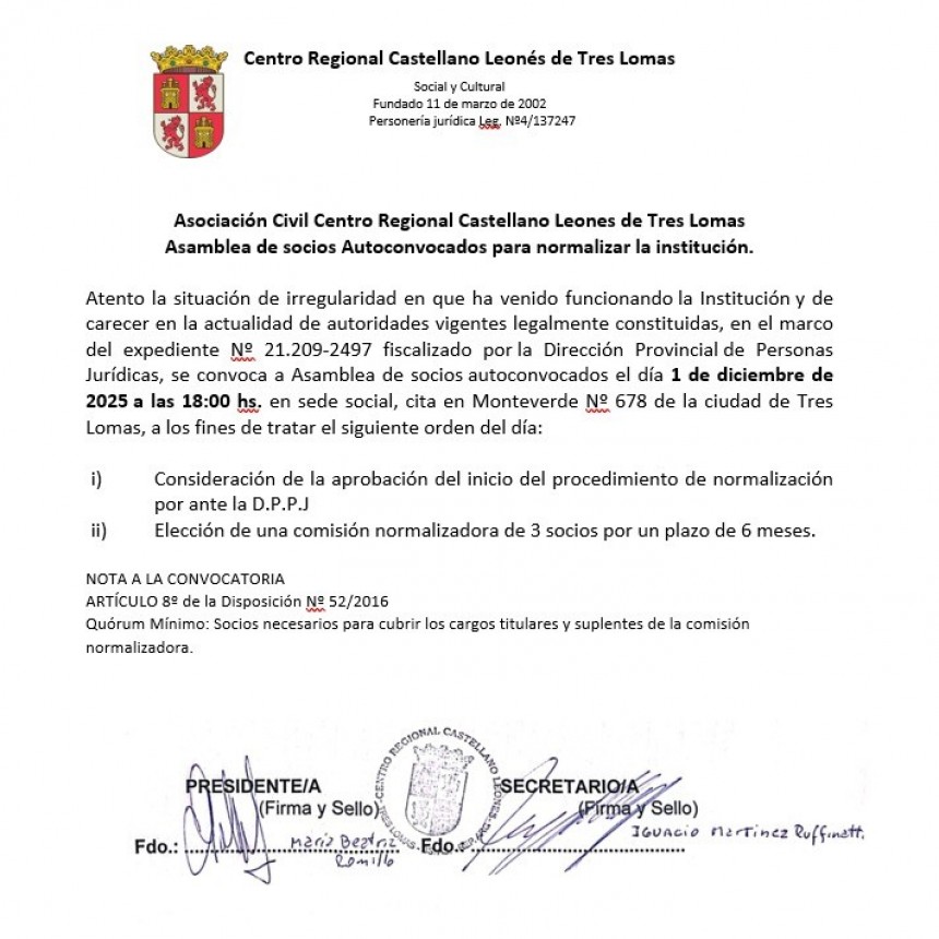 ASOCIACIÓN CIVIL CENTRO REGIONAL CASTELLANO LEONES DE TRES LOMAS: ASAMBLEA DE SOCIOS AUTOCONVOCADOS